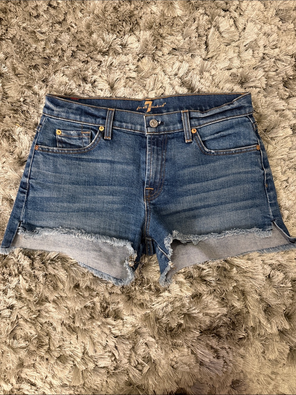 7 For All Mankind Blue Frayed Hem Denim Shorts